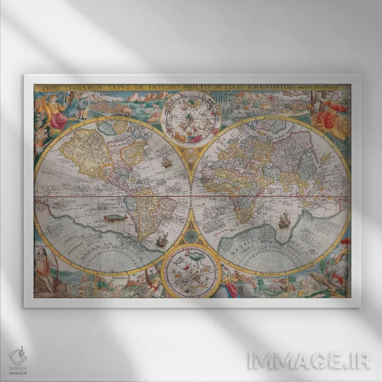 تابلو نقشهٔ قدیمی جهان، ۱۵۹۴ اثر هنرمند ناشناس - نمای قابدار سفید