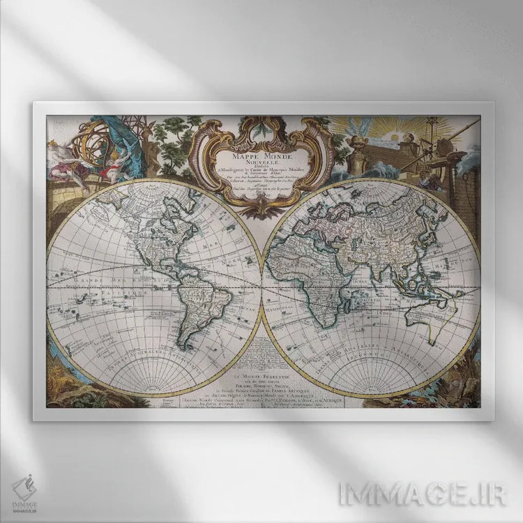 تابلو نقشهٔ قدیمی جهان با دو نیمکره اثر هنرمند ناشناس - نمای قابدار سفید