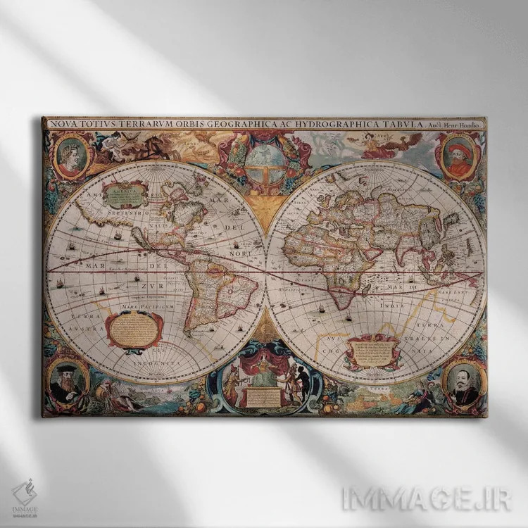 تابلو نقشهٔ قدیمی جهان اثر هنریکوس هوندیوس - نمای روبهرو روی دیوار