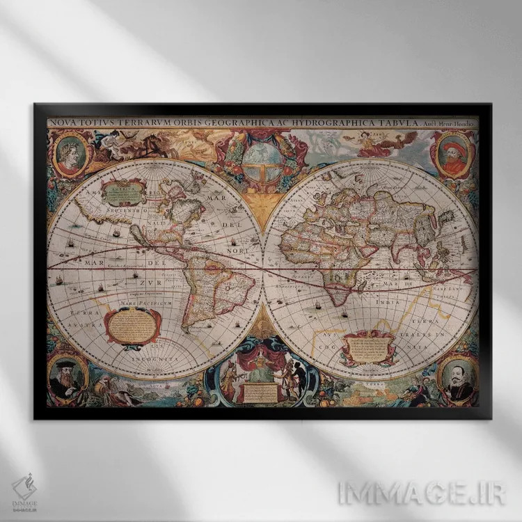 تابلو نقشهٔ قدیمی جهان اثر هنریکوس هوندیوس - نمای قابدار مشکی