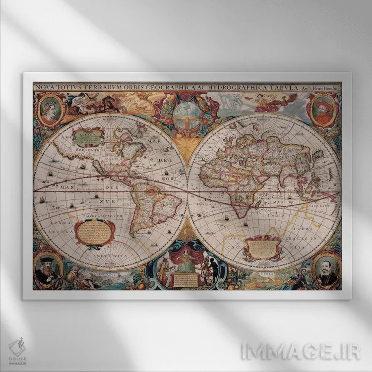 تابلو نقشهٔ قدیمی جهان اثر هنریکوس هوندیوس - نمای قابدار سفید