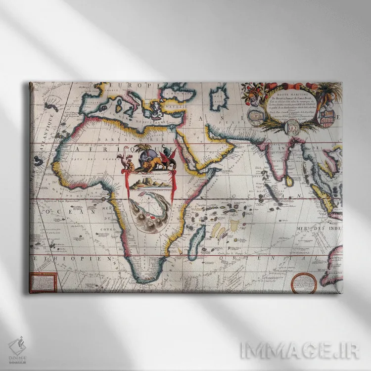 تابلو نقشهٔ قدیمی آسیا و آفریقا اثر هنرمند ناشناس - نمای روبهرو روی دیوار