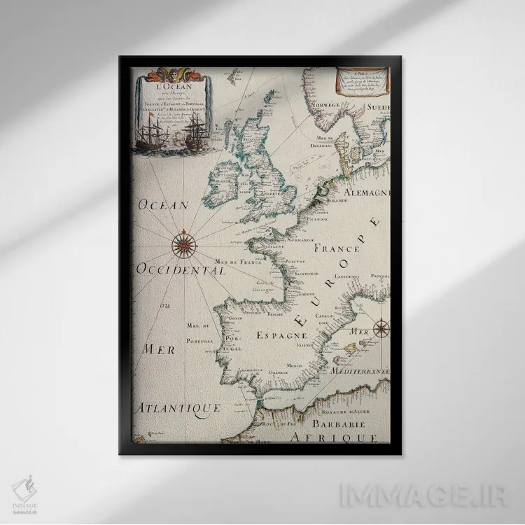 تابلو نقشهٔ قدیمی اروپای غربی اثر هنرمند ناشناس - نمای قابدار مشکی