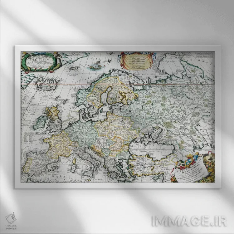 تابلو نقشهٔ قدیمی اروپا اثر هنرمند ناشناس - نمای قابدار سفید