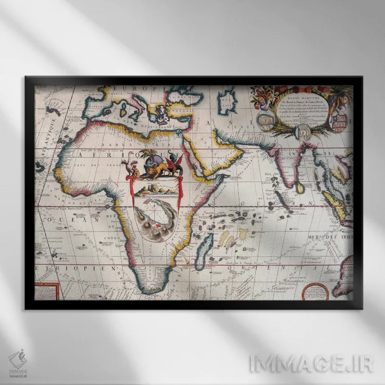 تابلو نقشهٔ قدیمی آسیا و آفریقا اثر هنرمند ناشناس - نمای قابدار مشکی
