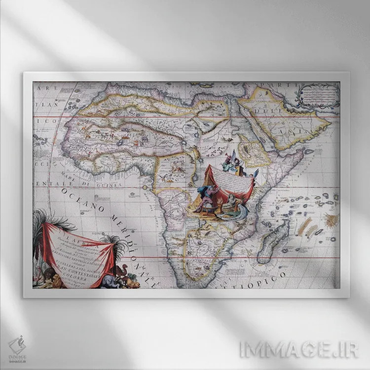 تابلو نقشهٔ قدیمی آفریقا اثر هنرمند ناشناس - نمای قابدار سفید