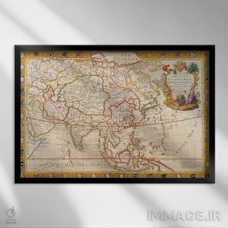 تابلو نقشهٔ قدیمی آسیا اثر هنرمند ناشناس - نمای قابدار مشکی