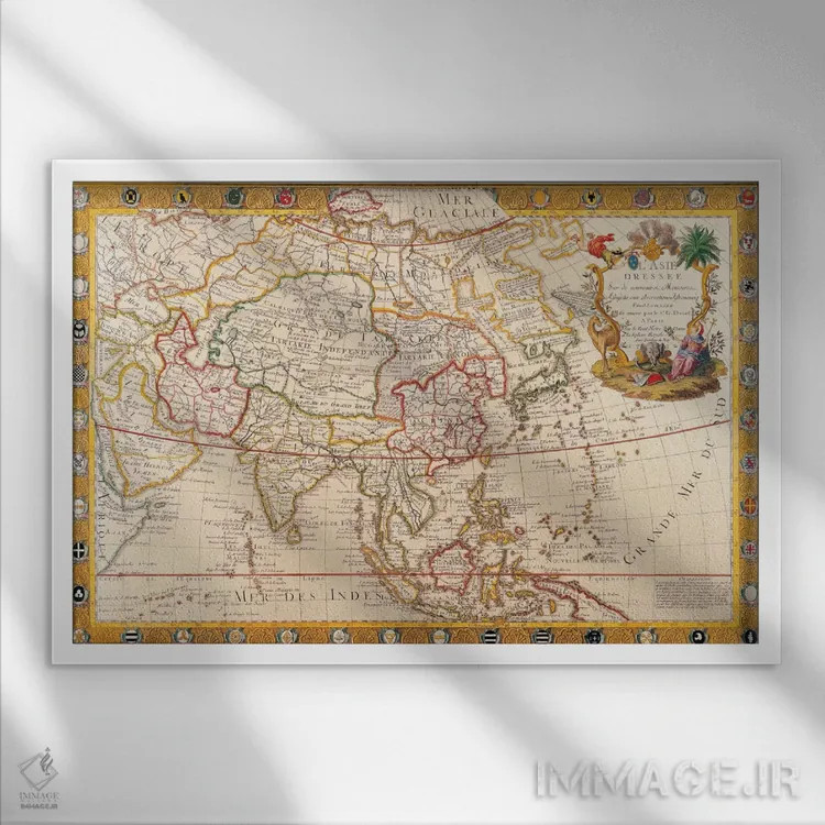 تابلو نقشهٔ قدیمی آسیا اثر هنرمند ناشناس - نمای قابدار سفید