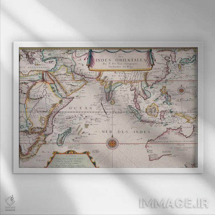 تابلو نقشهٔ قدیمی اقیانوس هند اثر هنرمند ناشناس - نمای قابدار سفید