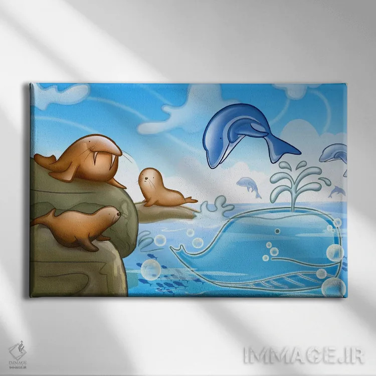 تابلو فکها، دلفینها و نهنگ اثر هنرمند ناشناس - نمای روبهرو روی دیوار