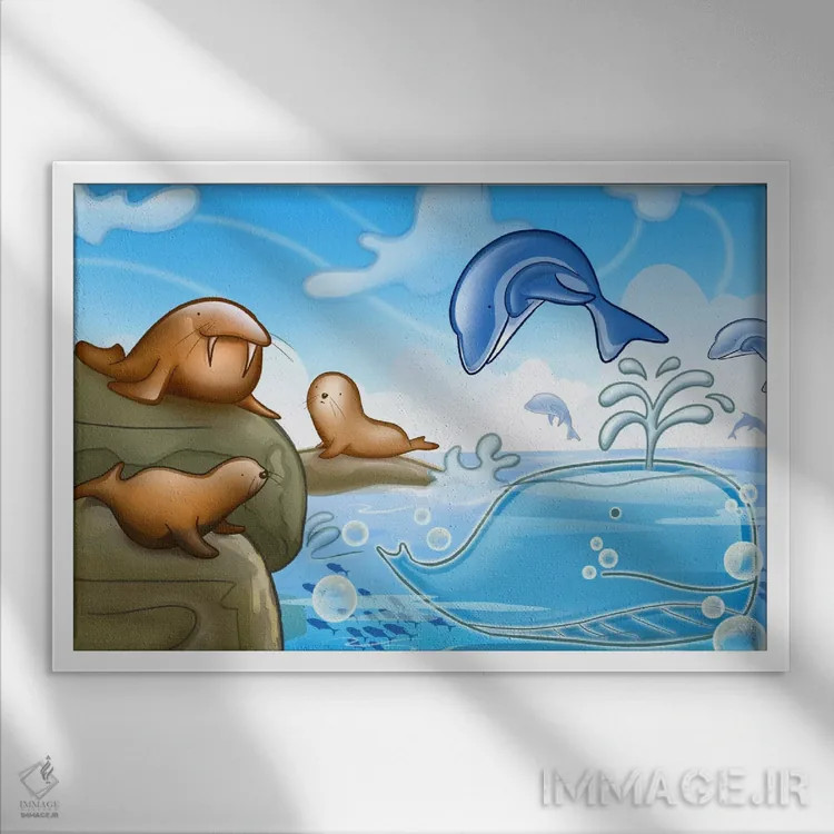 تابلو فکها، دلفینها و نهنگ اثر هنرمند ناشناس - نمای قابدار سفید