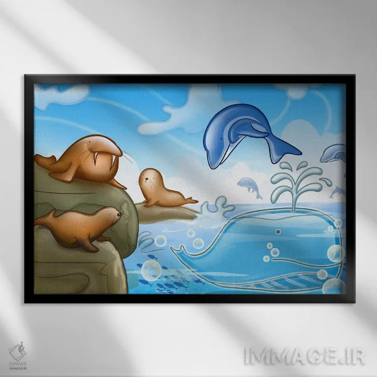 تابلو فکها، دلفینها و نهنگ اثر هنرمند ناشناس - نمای قابدار مشکی