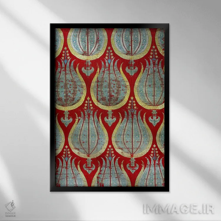تابلو Silk & Silver Lamella Textile,لالههای عثمانی، منسوج ابریشمی و نقرهای اثر هنرمند ناشناس - نمای قابدار مشکی