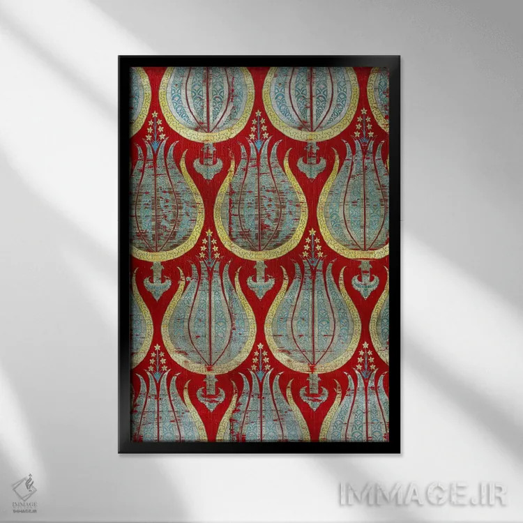 تابلو Silk & Silver Lamella Textile,لالههای عثمانی، منسوج ابریشمی و نقرهای اثر هنرمند ناشناس - نمای قابدار مشکی