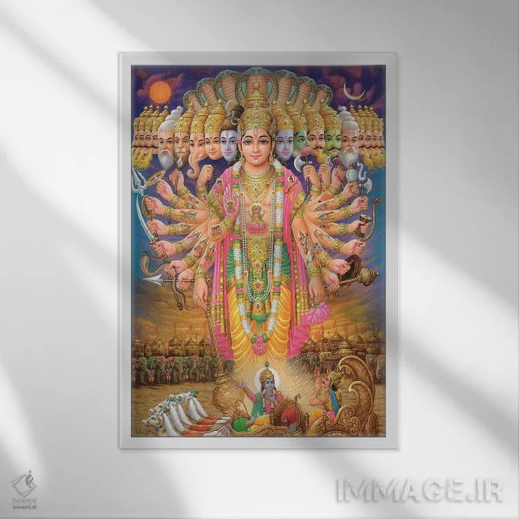 تابلو ایزد ویشنو به صورت ویرات سوا روپ (آیین هندو) اثر هنرمند ناشناس - نمای قابدار سفید