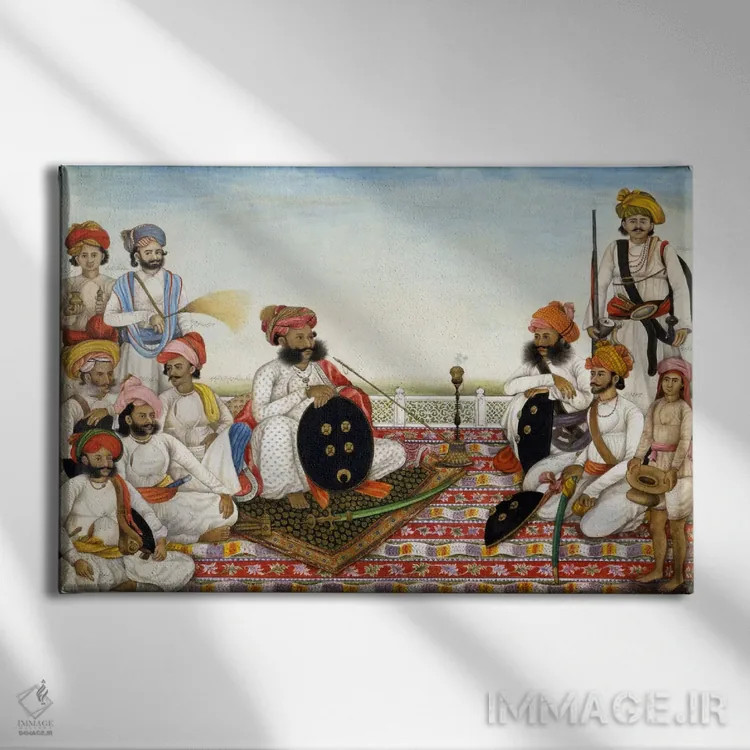 تابلو ثاکور دولت سینگ در میان درباریان اثر هنرمند ناشناس - نمای روبهرو روی دیوار