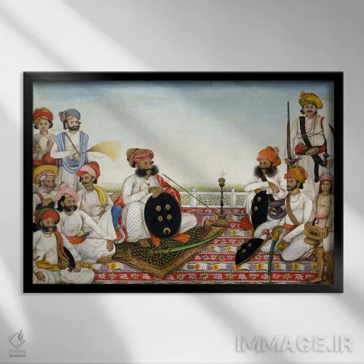 تابلو ثاکور دولت سینگ در میان درباریان اثر هنرمند ناشناس - نمای قابدار مشکی