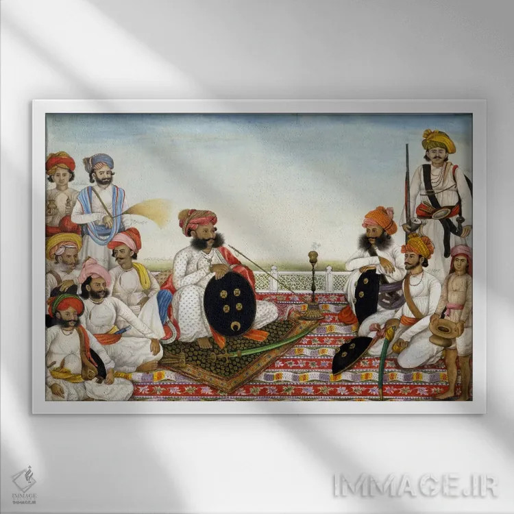 تابلو ثاکور دولت سینگ در میان درباریان اثر هنرمند ناشناس - نمای قابدار سفید