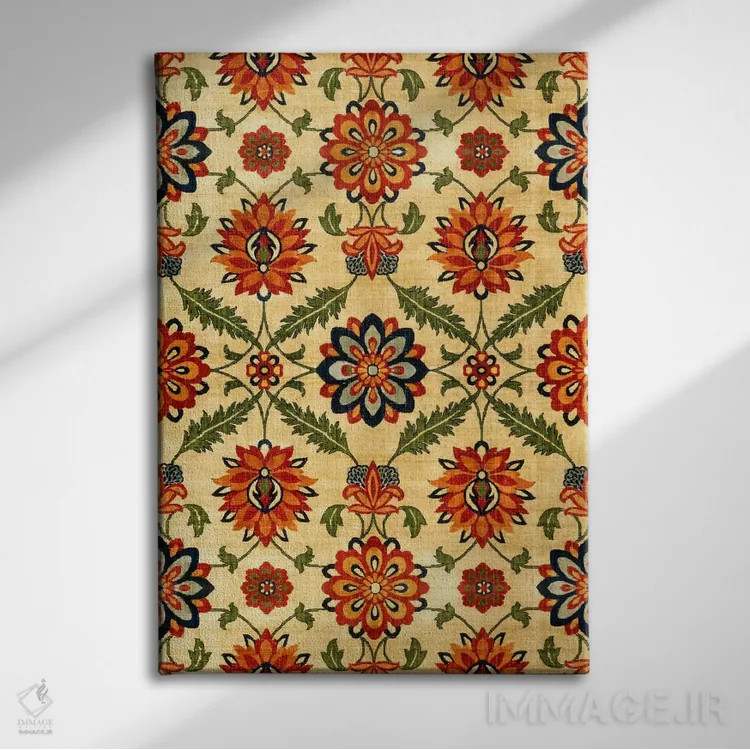 تابلو فرش مخمل ابریشمی هند مغول قرن هفدهم (کپی) اثر هنرمند ناشناس - نمای روبهرو روی دیوار