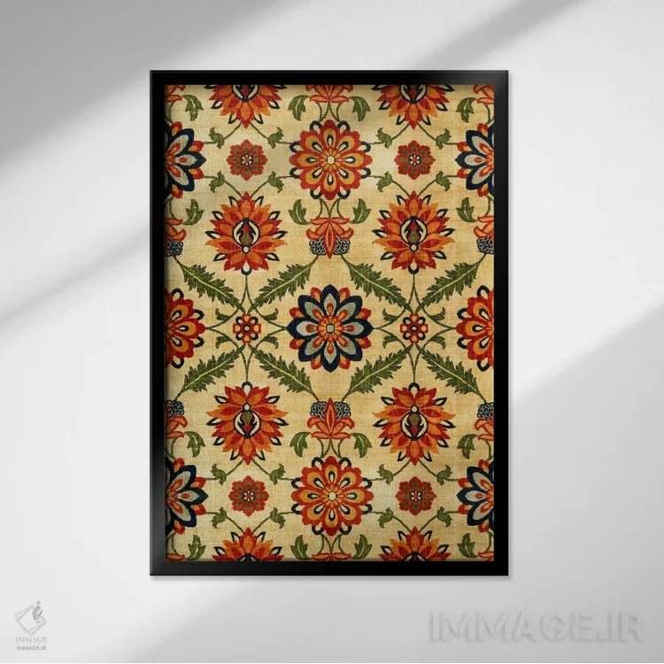 تابلو فرش مخمل ابریشمی هند مغول قرن هفدهم (کپی) اثر هنرمند ناشناس - نمای قابدار مشکی