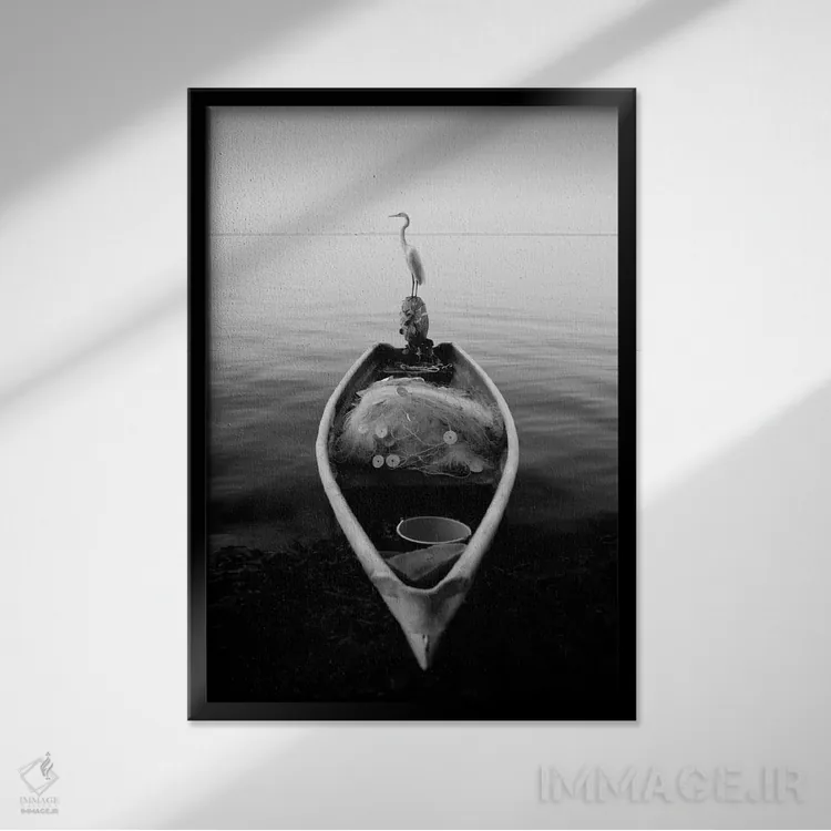 تابلو یک قایق پارویی و حواصیل اثر موایسس لوی - نمای قابدار مشکی