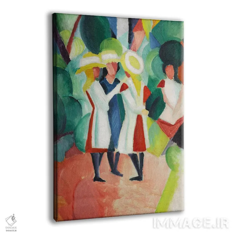 تابلو سه دختر با کلاههای حصیری زرد اثر آگوست ماکه (نقاش اکسپرسیونیست آلمانی) - نمای پرسپکتیو محصول