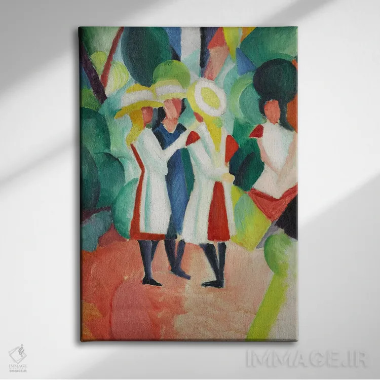 تابلو سه دختر با کلاههای حصیری زرد اثر آگوست ماکه (نقاش اکسپرسیونیست آلمانی) - نمای روبهرو روی دیوار