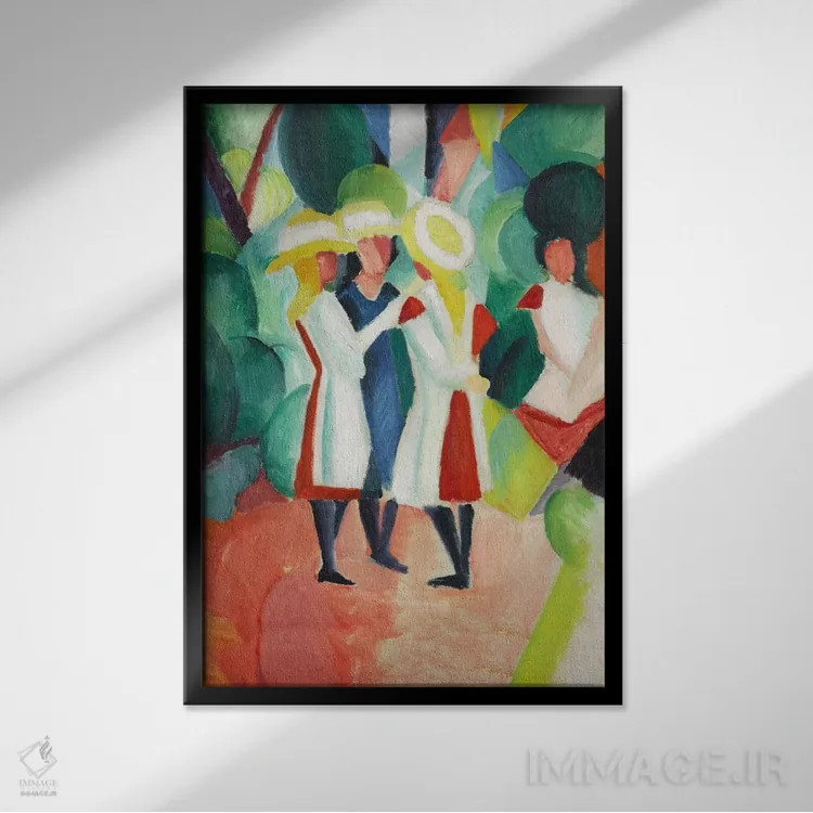 تابلو سه دختر با کلاههای حصیری زرد اثر آگوست ماکه (نقاش اکسپرسیونیست آلمانی) - نمای قابدار مشکی