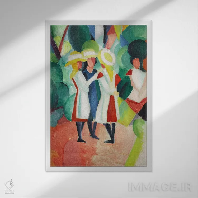 تابلو سه دختر با کلاههای حصیری زرد اثر آگوست ماکه (نقاش اکسپرسیونیست آلمانی) - نمای قابدار سفید