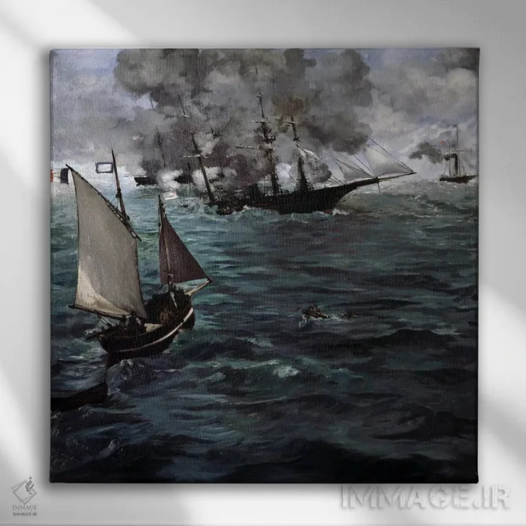 تابلو نبرد کشتی یو.اس.اس کییِرسارج و سی.اس.اس آلاباما اثر ادوارد مانه (نقاش معروف فرانسوی) - نمای روبهرو روی دیوار