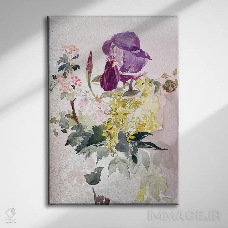 تابلو Laburnum, and Geranium,ترکیب گل با زنبق، گلیبریش و شمعدانی اثر ادوارد مانه (نقاش معروف فرانسوی) - نمای روبهرو روی دیوار