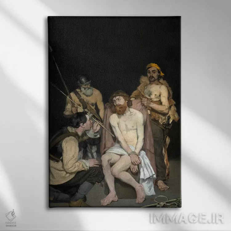 تابلو تمسخر عیسی توسط سربازان اثر ادوارد مانه (نقاش معروف فرانسوی) - نمای روبهرو روی دیوار