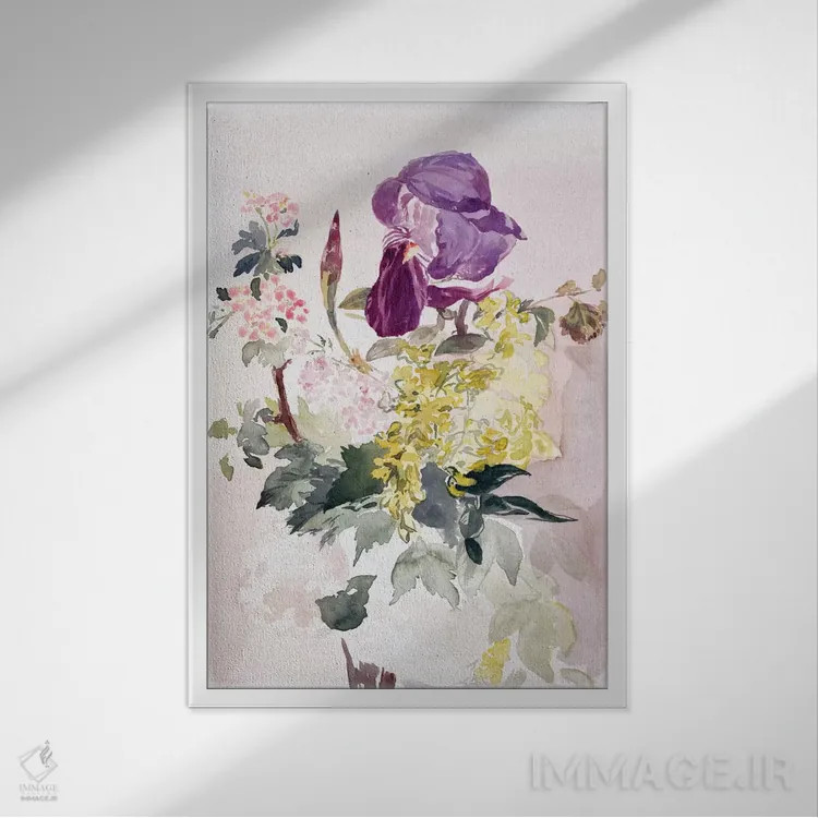 تابلو Laburnum, and Geranium,ترکیب گل با زنبق، گلیبریش و شمعدانی اثر ادوارد مانه (نقاش معروف فرانسوی) - نمای قابدار سفید