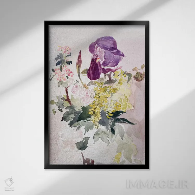 تابلو Laburnum, and Geranium,ترکیب گل با زنبق، گلیبریش و شمعدانی اثر ادوارد مانه (نقاش معروف فرانسوی) - نمای قابدار مشکی