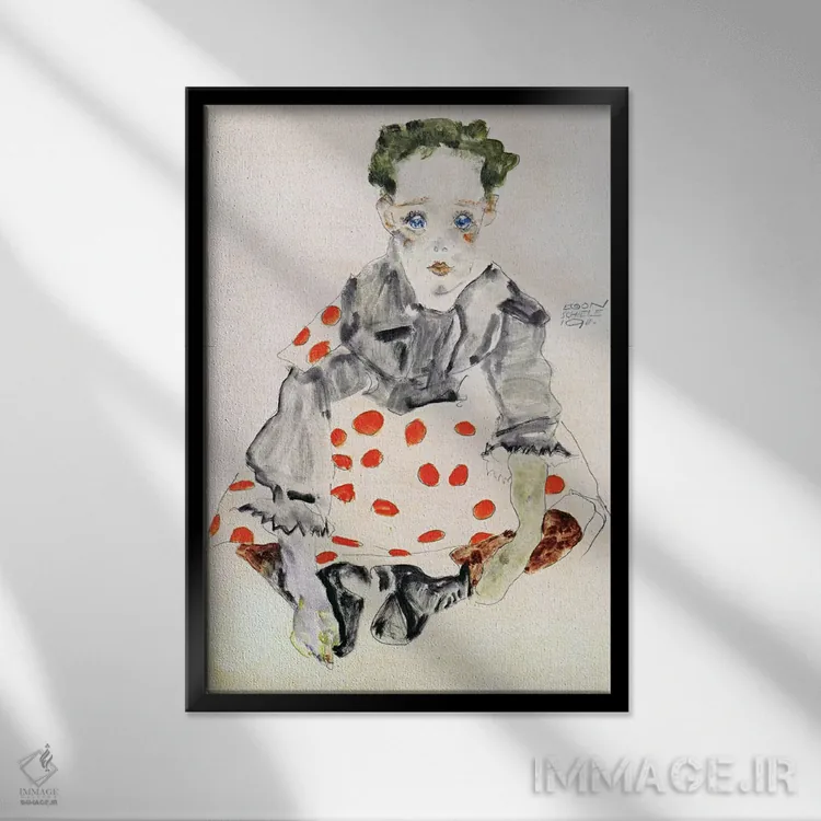 تابلو دختر با لباس خالدار اثر اگون شیله (نقاش اتریشی) - نمای قابدار مشکی