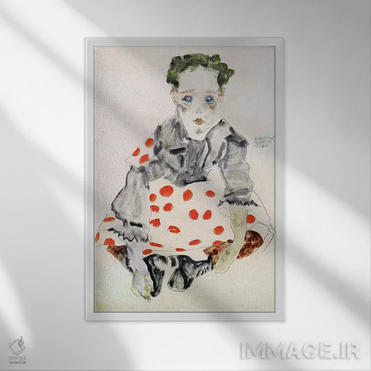 تابلو دختر با لباس خالدار اثر اگون شیله (نقاش اتریشی) - نمای قابدار سفید