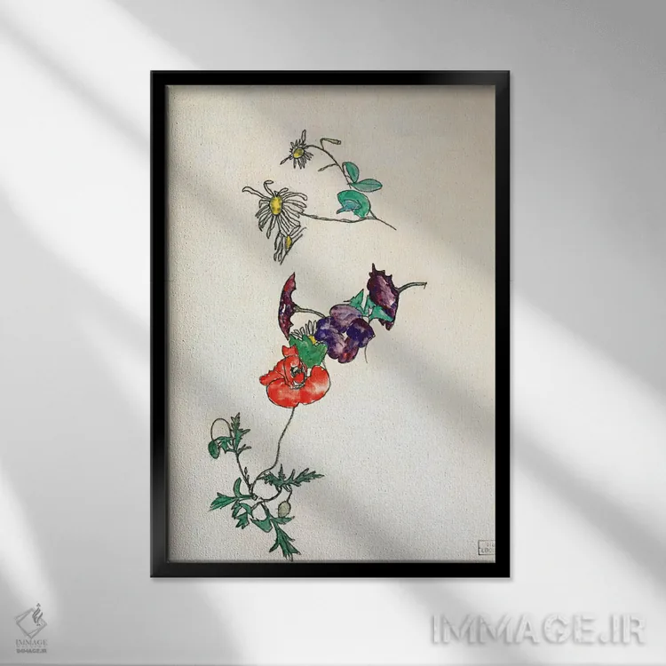 تابلو Poppy and Winding,بابونه، شقایق و پیچک اثر اگون شیله (نقاش اتریشی) - نمای قابدار مشکی
