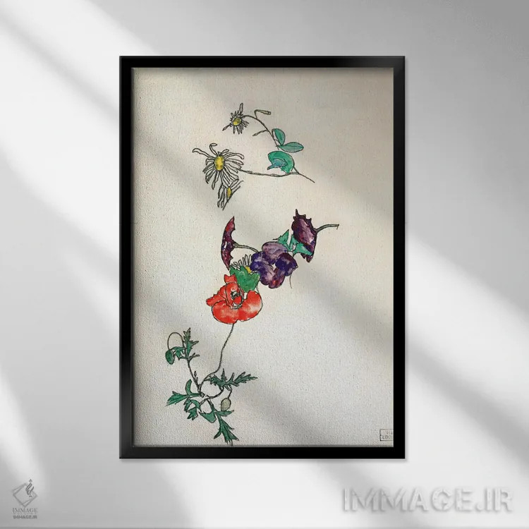 تابلو Poppy and Winding,بابونه، شقایق و پیچک اثر اگون شیله (نقاش اتریشی) - نمای قابدار مشکی