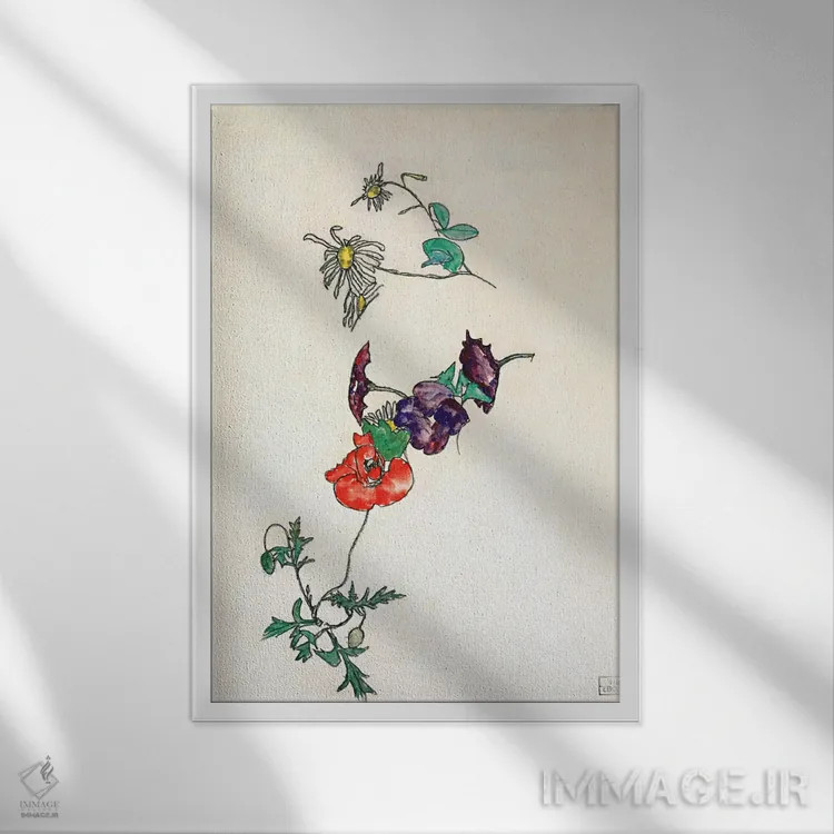 تابلو Poppy and Winding,بابونه، شقایق و پیچک اثر اگون شیله (نقاش اتریشی) - نمای قابدار سفید