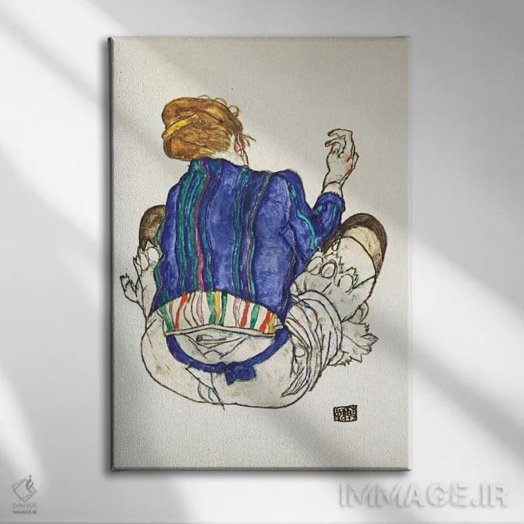تابلو Back View,زن نشسته (نمای پشت) اثر اگون شیله (نقاش اتریشی) - نمای روبهرو روی دیوار