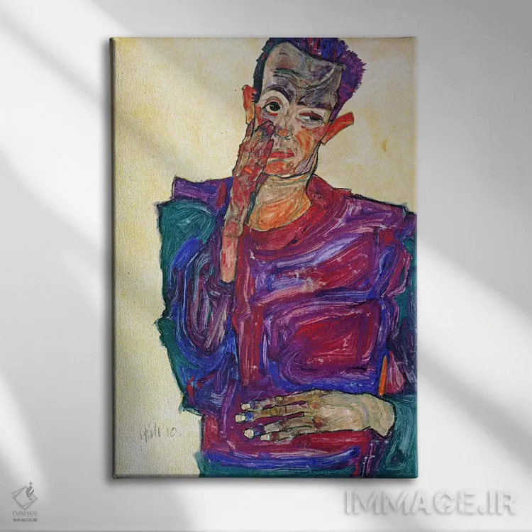 تابلو خودنگاره با دست بر گونه اثر اگون شیله (نقاش اتریشی) - نمای روبهرو روی دیوار