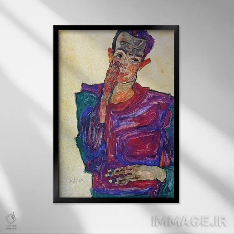 تابلو خودنگاره با دست بر گونه اثر اگون شیله (نقاش اتریشی) - نمای قابدار مشکی