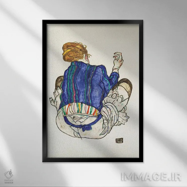 تابلو Back View,زن نشسته (نمای پشت) اثر اگون شیله (نقاش اتریشی) - نمای قابدار مشکی