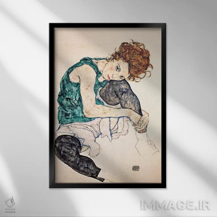 تابلو زن نشسته با زانو خمیده ۲ اثر اگون شیله (نقاش اتریشی) - نمای قابدار مشکی