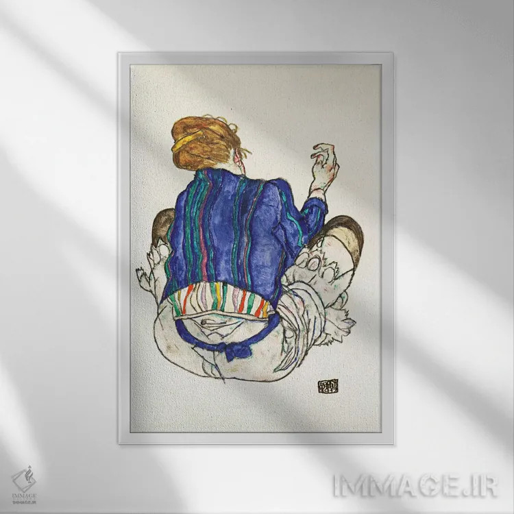 تابلو Back View,زن نشسته (نمای پشت) اثر اگون شیله (نقاش اتریشی) - نمای قابدار سفید