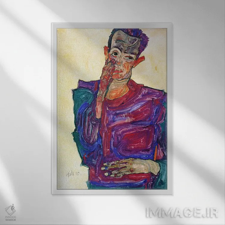 تابلو خودنگاره با دست بر گونه اثر اگون شیله (نقاش اتریشی) - نمای قابدار سفید