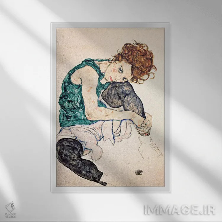 تابلو زن نشسته با زانو خمیده ۲ اثر اگون شیله (نقاش اتریشی) - نمای قابدار سفید