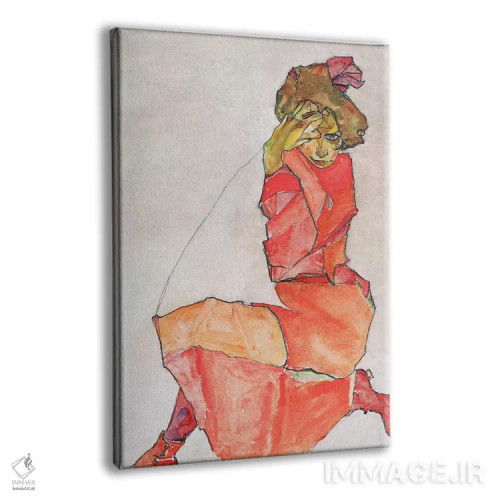 تابلو زن زانو زده با لباس نارنجی-قرمز اثر اگون شیله (نقاش اتریشی) - نمای پرسپکتیو محصول