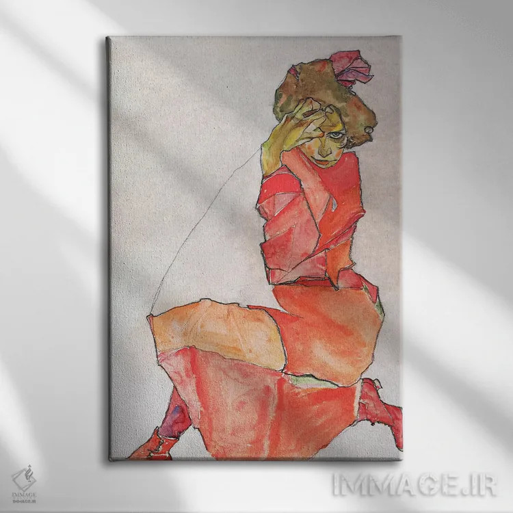 تابلو زن زانو زده با لباس نارنجی-قرمز اثر اگون شیله (نقاش اتریشی) - نمای روبهرو روی دیوار