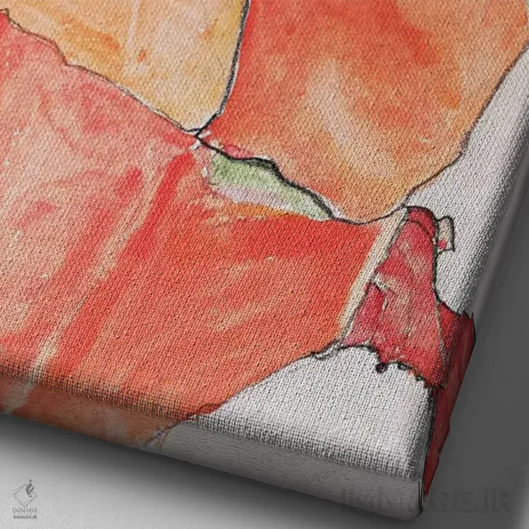 تابلو زن زانو زده با لباس نارنجی-قرمز اثر اگون شیله (نقاش اتریشی) - نمای نزدیک بافت بوم